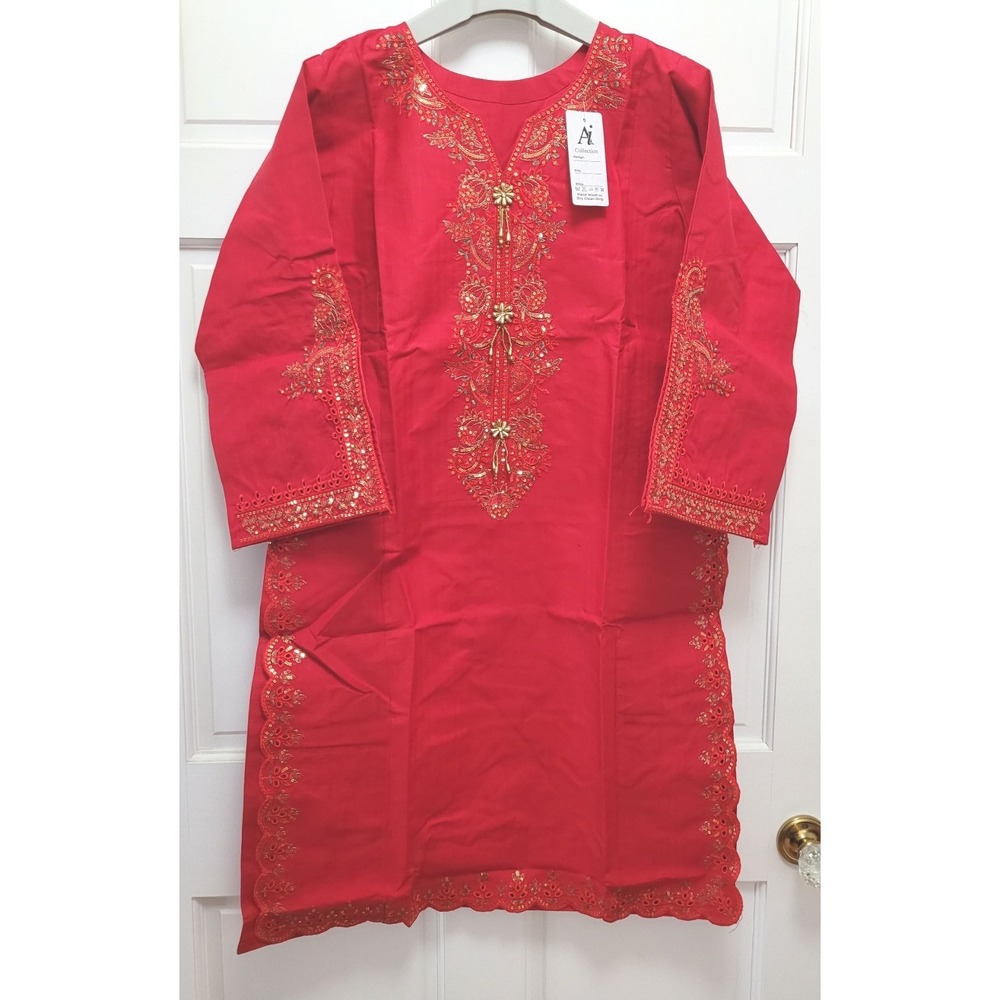 3pc Embroidered Sequin Heavy Cotton Salwar Kameez & Dupatta - Ruby Red - M‎